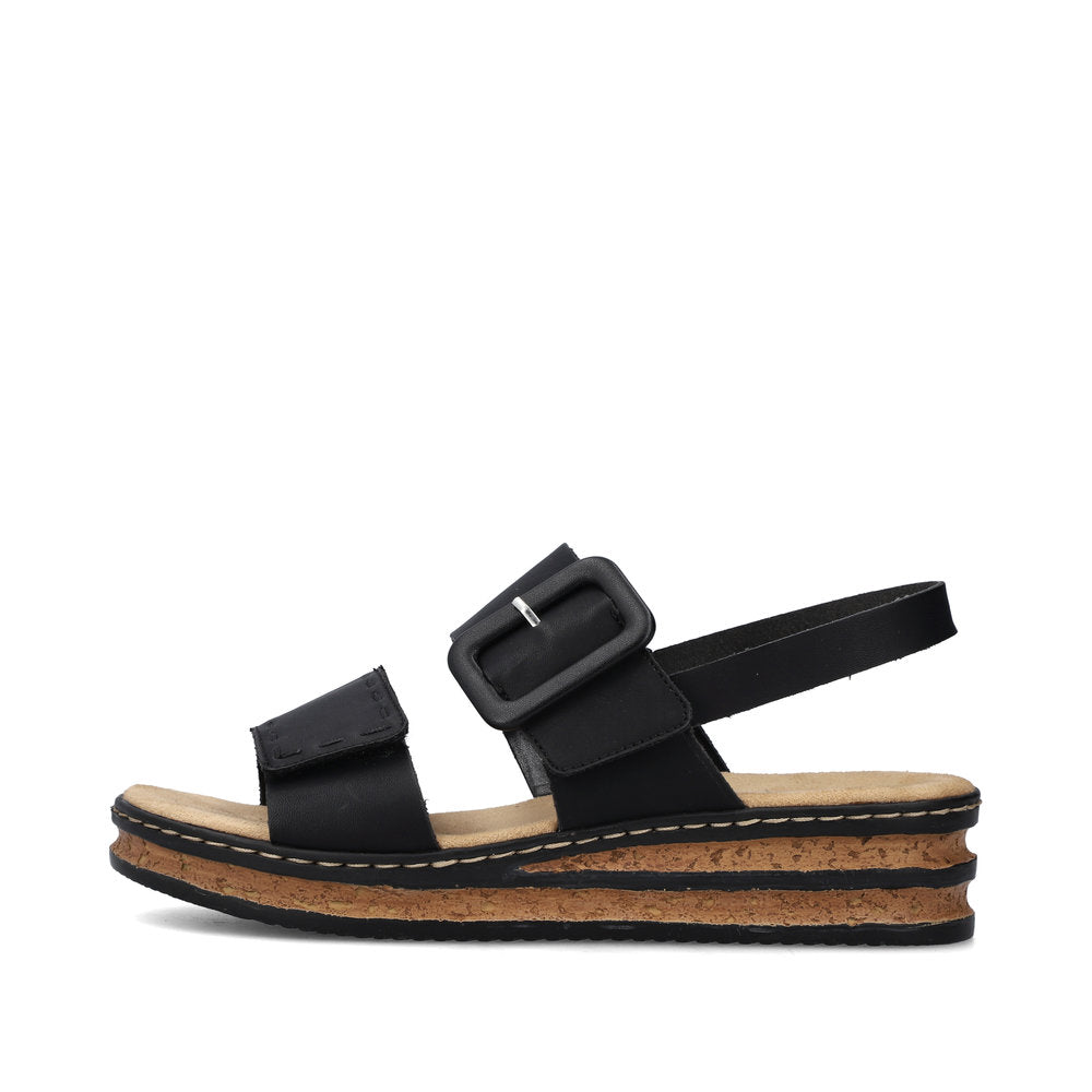 Rieker 62950 Ladies Sandals The Rieker 62950 Ladies Stylish Slingback Sandals In Black or White Have A Wedge Heel & Buckle Detail. Colours Ltd, Colours, Colours Farnham, Colours Shoes