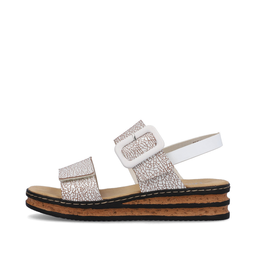 Rieker 62950 Ladies Sandals The Rieker 62950 Ladies Stylish Slingback Sandals In Black or White Have A Wedge Heel & Buckle Detail. Colours Ltd, Colours, Colours Farnham, Colours Shoes