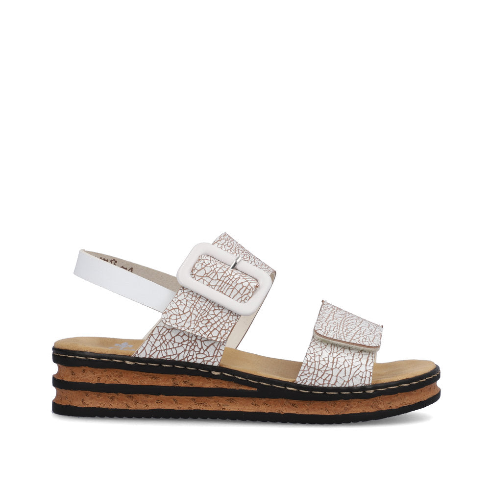 Rieker 62950 Ladies Sandals The Rieker 62950 Ladies Stylish Slingback Sandals In Black or White Have A Wedge Heel & Buckle Detail. Colours Ltd, Colours, Colours Farnham, Colours Shoes