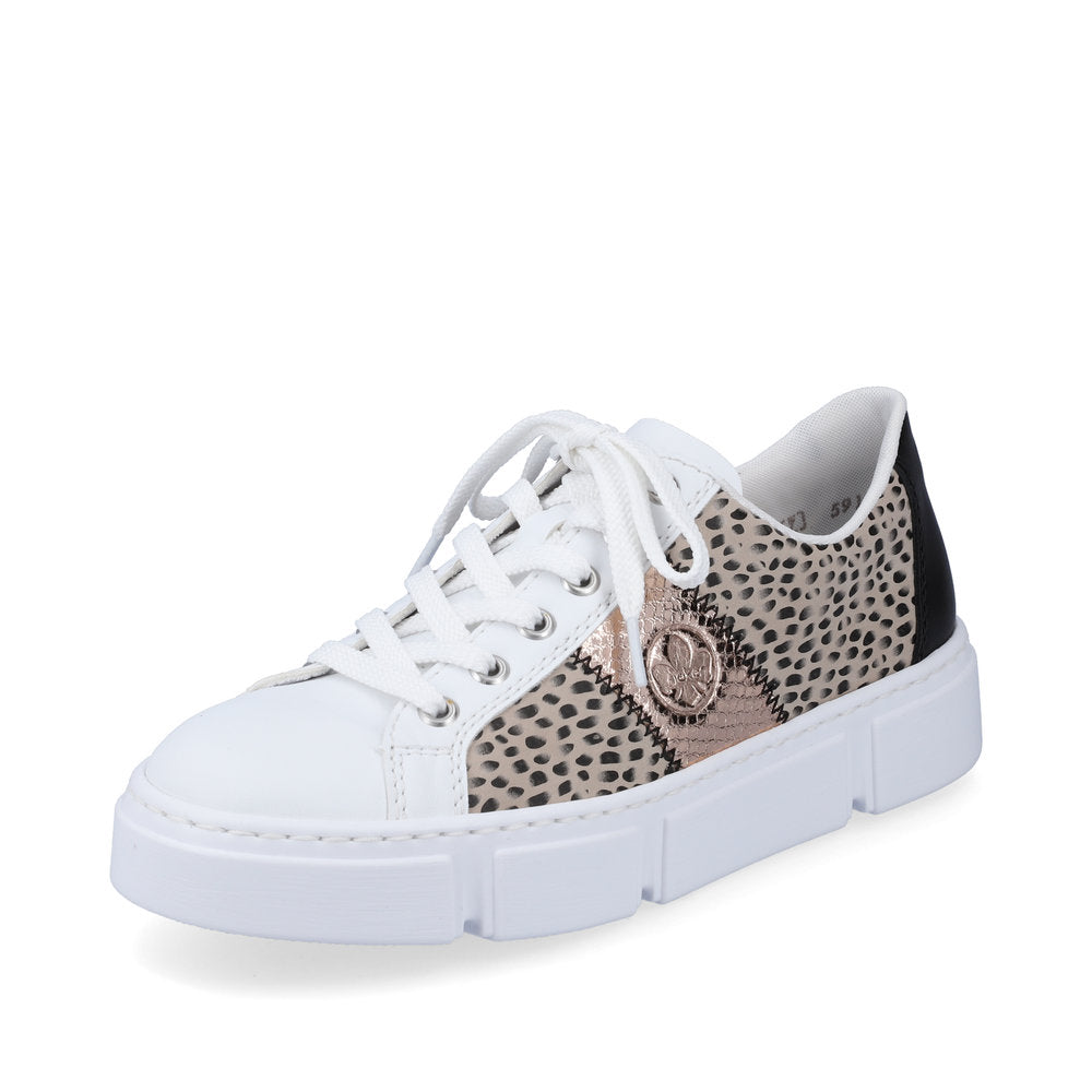 Rieker N5910-90 Ladies Trainers Fabulous white, flat lace-up trainers with fashionable print and rose-gold side detail from Rieker. Colour: White / Multi Round toe shape Lace-up closure Soft textile lining Comfortable leather footbed Upper: Synthetic Lining & Sock: Leather/Textile Outer Sole: Other Material Colours Ltd, Colours, Colours Farnham, Colours Shoes
