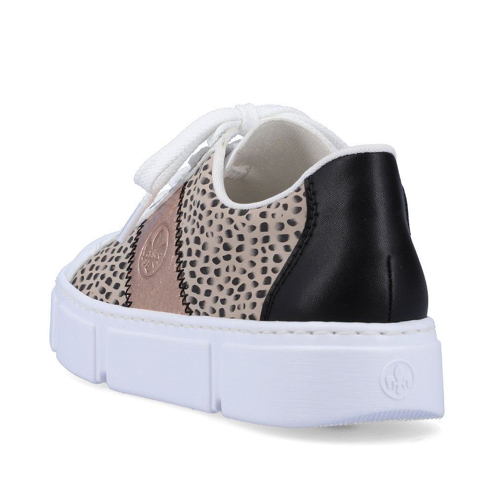 Rieker N5910-90 Ladies Trainers Fabulous white, flat lace-up trainers with fashionable print and rose-gold side detail from Rieker. Colour: White / Multi Round toe shape Lace-up closure Soft textile lining Comfortable leather footbed Upper: Synthetic Lining & Sock: Leather/Textile Outer Sole: Other Material Colours Ltd, Colours, Colours Farnham, Colours Shoes