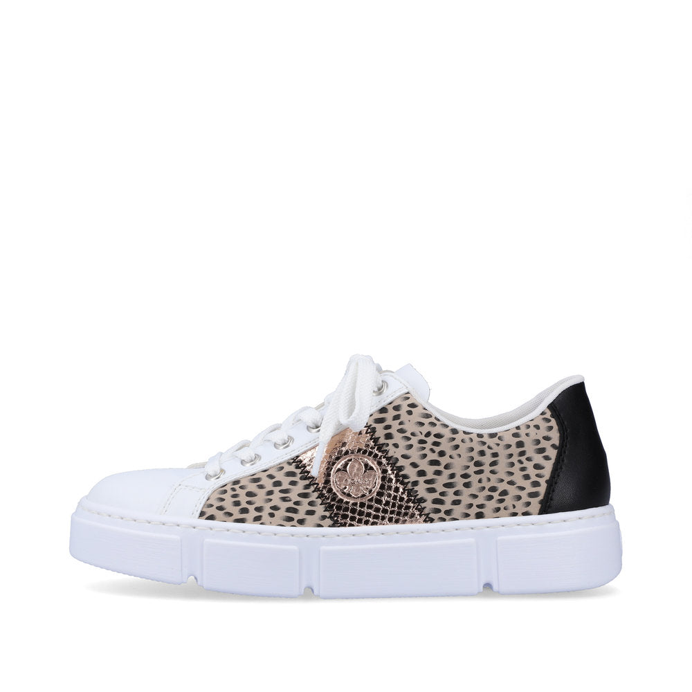 Rieker N5910-90 Ladies Trainers Fabulous white, flat lace-up trainers with fashionable print and rose-gold side detail from Rieker. Colour: White / Multi Round toe shape Lace-up closure Soft textile lining Comfortable leather footbed Upper: Synthetic Lining & Sock: Leather/Textile Outer Sole: Other Material Colours Ltd, Colours, Colours Farnham, Colours Shoes