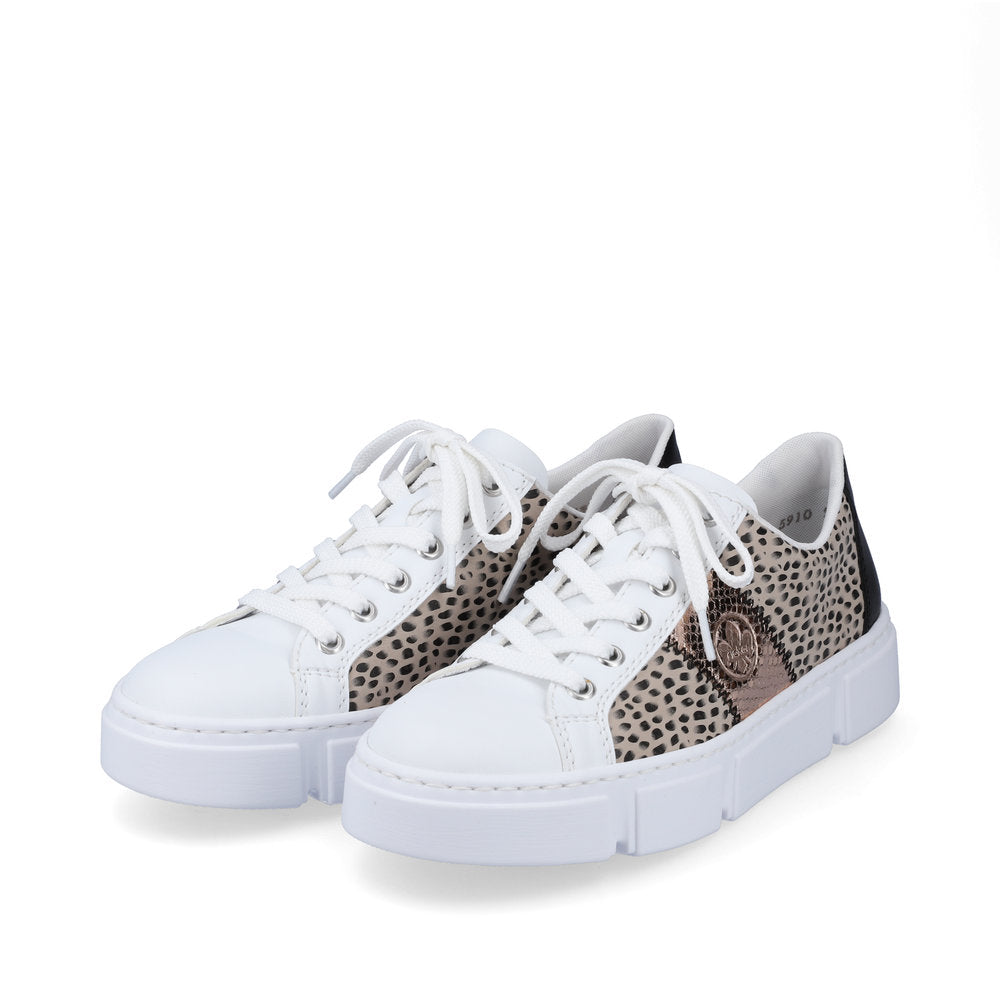 Rieker N5910-90 Ladies Trainers Fabulous white, flat lace-up trainers with fashionable print and rose-gold side detail from Rieker. Colour: White / Multi Round toe shape Lace-up closure Soft textile lining Comfortable leather footbed Upper: Synthetic Lining & Sock: Leather/Textile Outer Sole: Other Material Colours Ltd, Colours, Colours Farnham, Colours Shoes