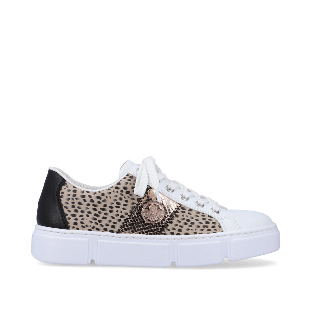 Rieker N5910-90 Ladies Trainers Fabulous white, flat lace-up trainers with fashionable print and rose-gold side detail from Rieker. Colour: White / Multi Round toe shape Lace-up closure Soft textile lining Comfortable leather footbed Upper: Synthetic Lining & Sock: Leather/Textile Outer Sole: Other Material Colours Ltd, Colours, Colours Farnham, Colours Shoes