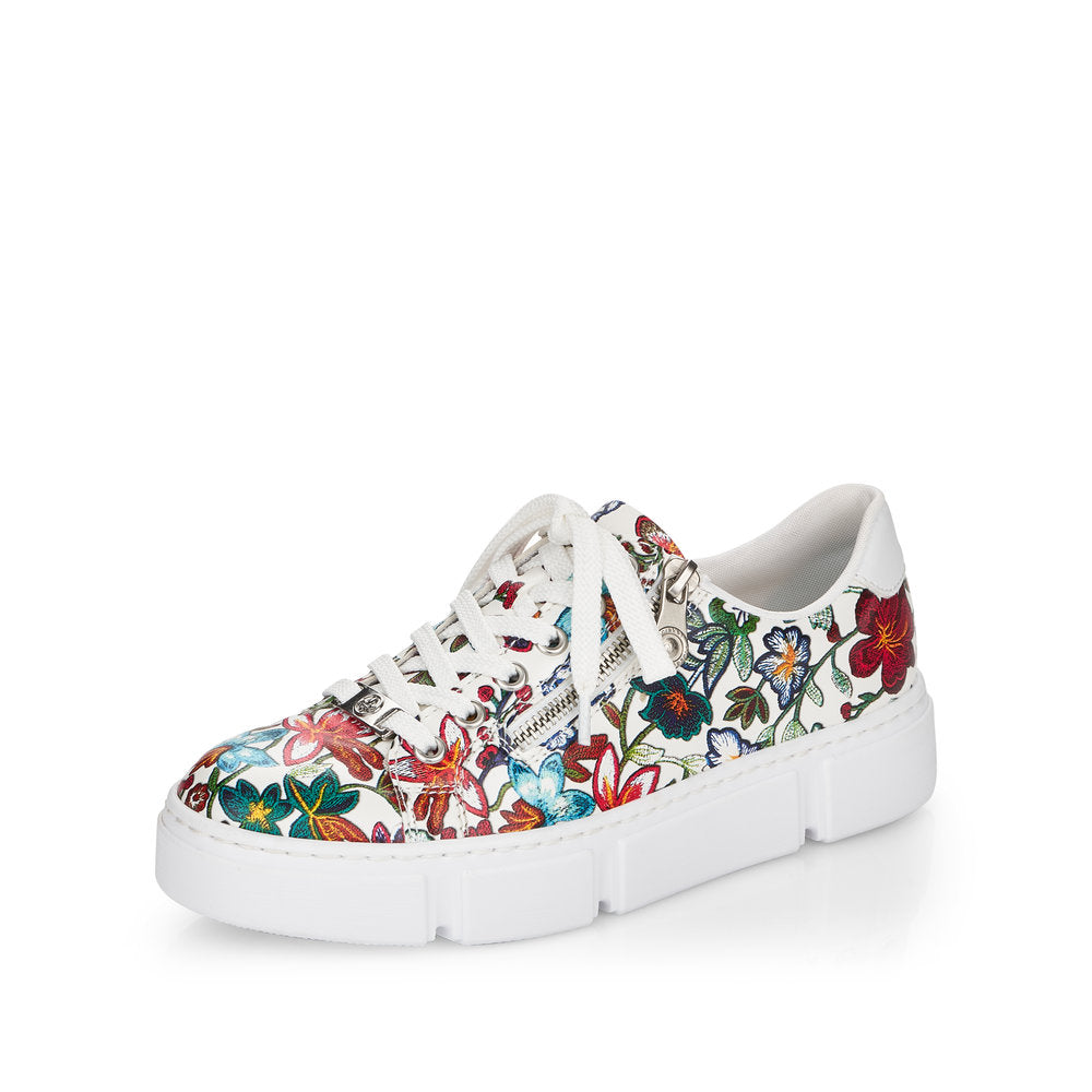 Rieker N59L1-90 Ladies Trainers Beautiful flower patterned sneakers made of synthetic material. Synthetic material upper Laces and a zipper on the top Textile lining Removable leather insole Antistress -sole is flexible and cushions the step Thick sole Colours Ltd, Colours, Colours Farnham Colours Shoes