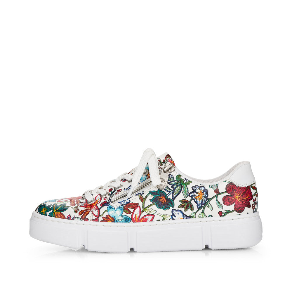Rieker N59L1-90 Ladies Trainers Beautiful flower patterned sneakers made of synthetic material. Synthetic material upper Laces and a zipper on the top Textile lining Removable leather insole Antistress -sole is flexible and cushions the step Thick sole Colours Ltd, Colours, Colours Farnham Colours Shoes