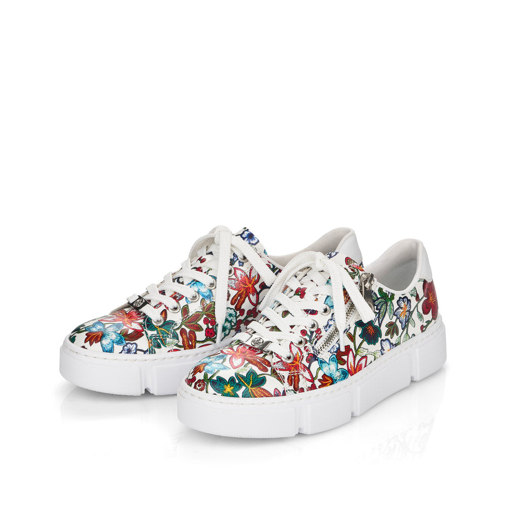 Rieker N59L1-90 Ladies Trainers Beautiful flower patterned sneakers made of synthetic material. Synthetic material upper Laces and a zipper on the top Textile lining Removable leather insole Antistress -sole is flexible and cushions the step Thick sole Colours Ltd, Colours, Colours Farnham Colours Shoes
