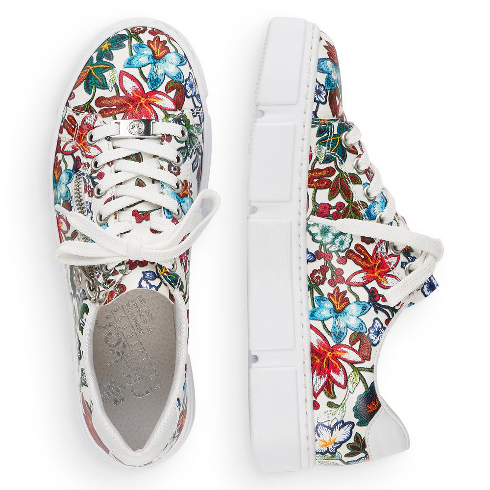 Rieker N59L1-90 Ladies Trainers Beautiful flower patterned sneakers made of synthetic material. Synthetic material upper Laces and a zipper on the top Textile lining Removable leather insole Antistress -sole is flexible and cushions the step Thick sole Colours Ltd, Colours, Colours Farnham Colours Shoes
