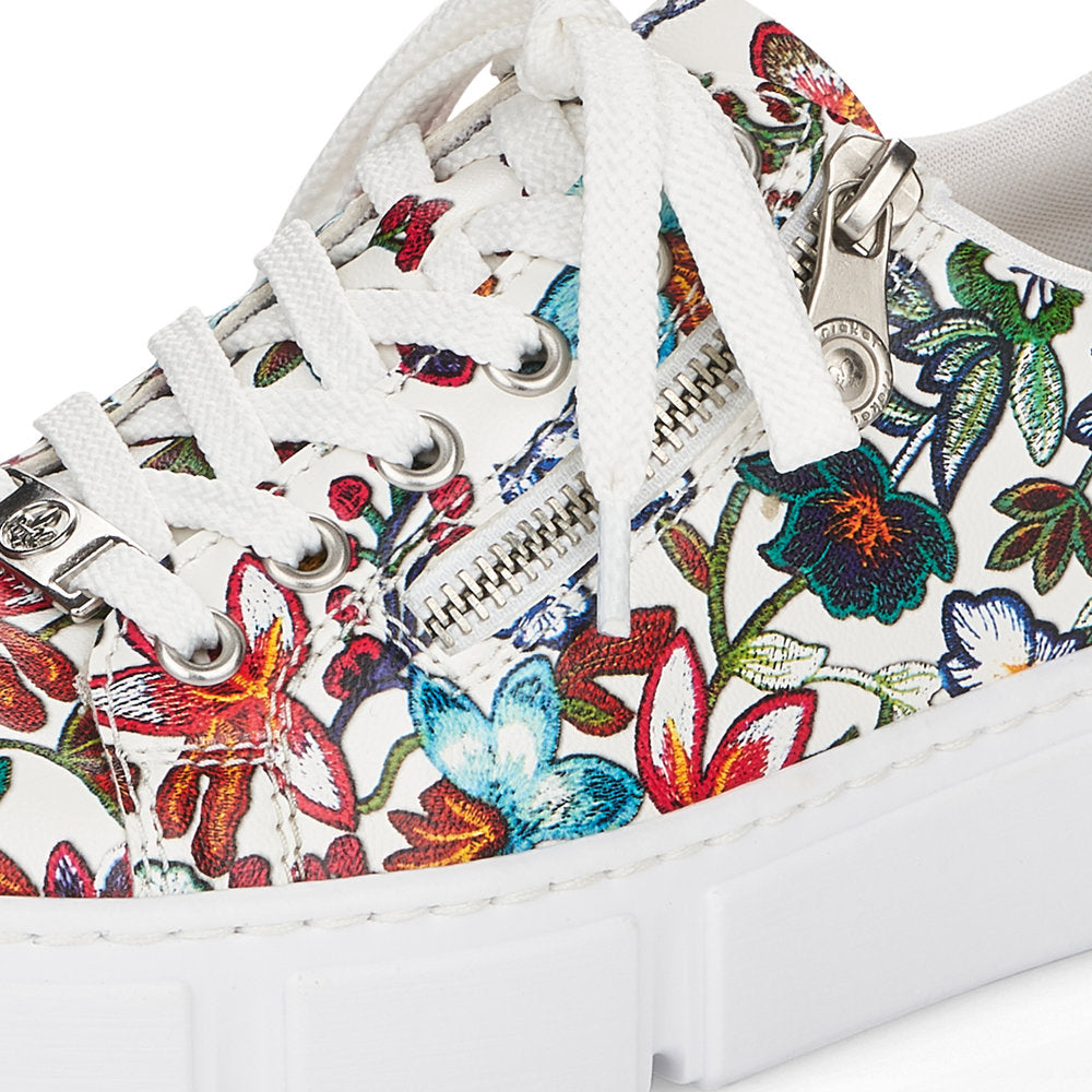 Rieker N59L1-90 Ladies Trainers Beautiful flower patterned sneakers made of synthetic material. Synthetic material upper Laces and a zipper on the top Textile lining Removable leather insole Antistress -sole is flexible and cushions the step Thick sole Colours Ltd, Colours, Colours Farnham Colours Shoes