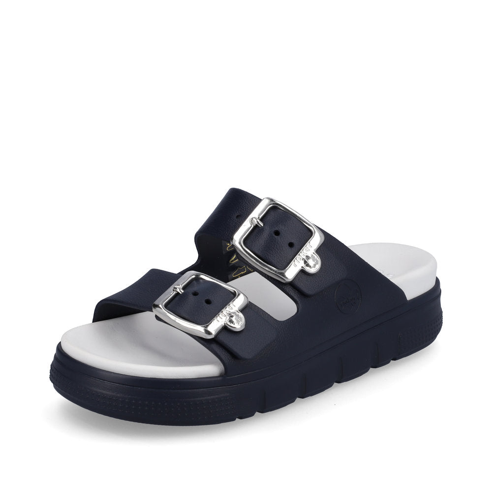 Rieker P2180 Ladies Slip-on Sandals Rieker Ladies Sandals - Buckle Upper Material: Synthetic Material Width: F Heel Height: 50mm Lining: Sole: Ethylen Vinyl Acete sole Removable Insole: No Colours Ltd, Colours, Colours Farnham Colours Shoes