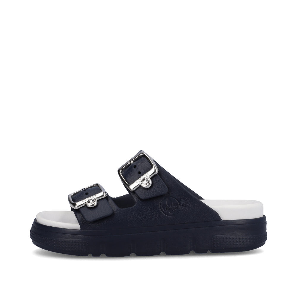 Rieker P2180 Ladies Slip-on Sandals Rieker Ladies Sandals - Buckle Upper Material: Synthetic Material Width: F Heel Height: 50mm Lining: Sole: Ethylen Vinyl Acete sole Removable Insole: No Colours Ltd, Colours, Colours Farnham Colours Shoes