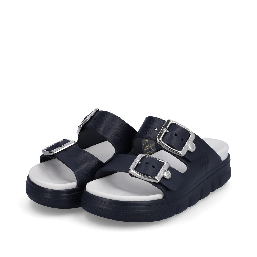 Rieker P2180 Ladies Slip-on Sandals Rieker Ladies Sandals - Buckle Upper Material: Synthetic Material Width: F Heel Height: 50mm Lining: Sole: Ethylen Vinyl Acete sole Removable Insole: No Colours Ltd, Colours, Colours Farnham Colours Shoes