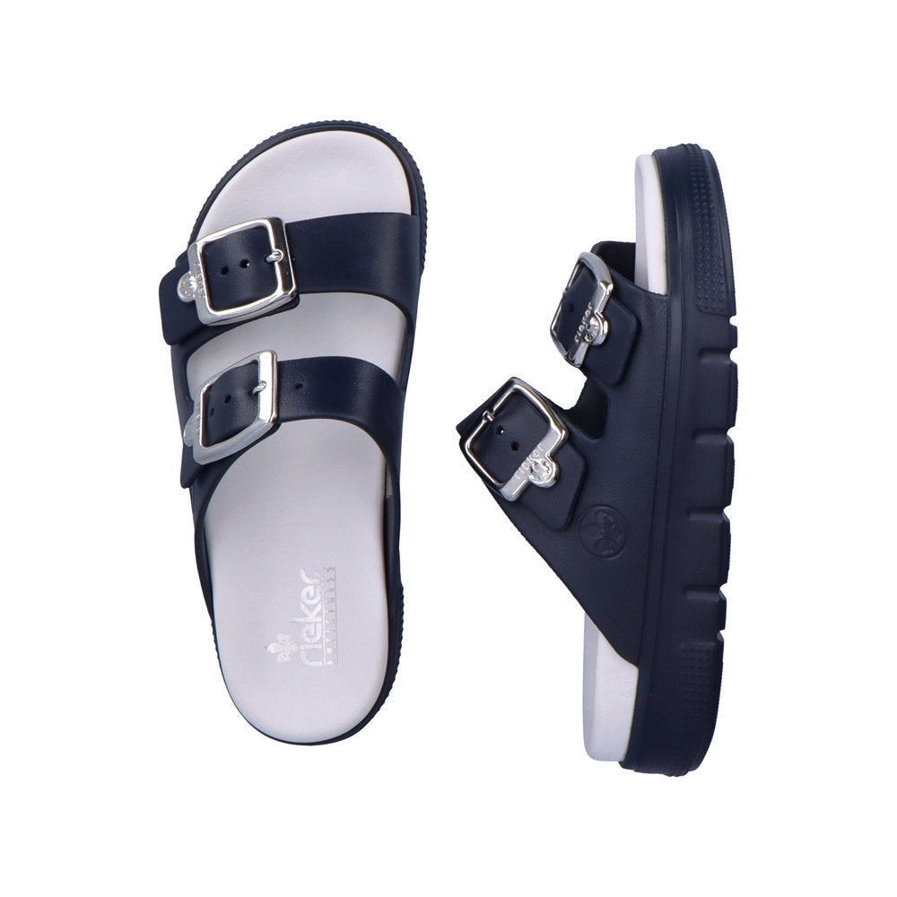Rieker P2180 Ladies Slip-on Sandals Rieker Ladies Sandals - Buckle Upper Material: Synthetic Material Width: F Heel Height: 50mm Lining: Sole: Ethylen Vinyl Acete sole Removable Insole: No Colours Ltd, Colours, Colours Farnham Colours Shoes