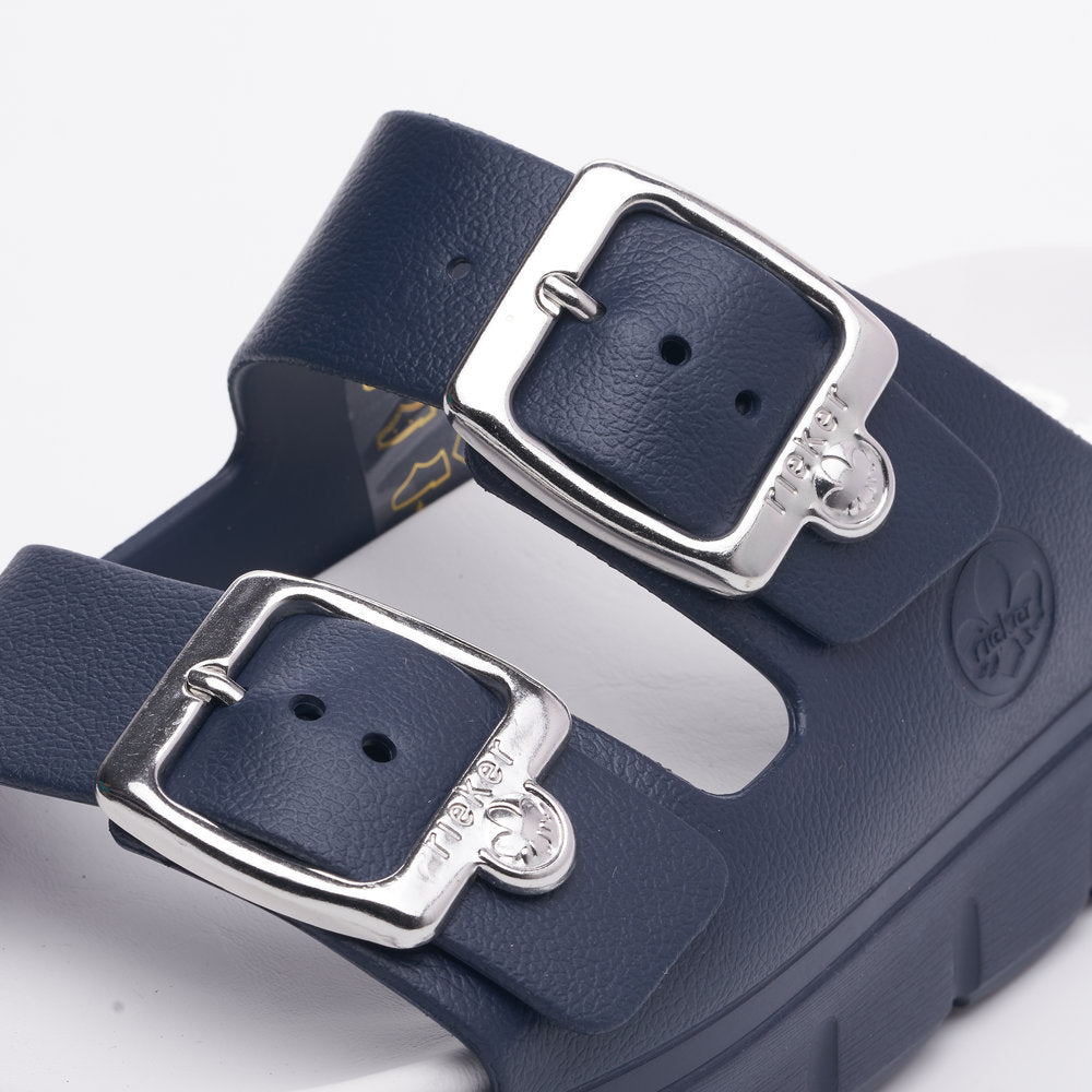 Rieker P2180 Ladies Slip-on Sandals Rieker Ladies Sandals - Buckle Upper Material: Synthetic Material Width: F Heel Height: 50mm Lining: Sole: Ethylen Vinyl Acete sole Removable Insole: No Colours Ltd, Colours, Colours Farnham Colours Shoes