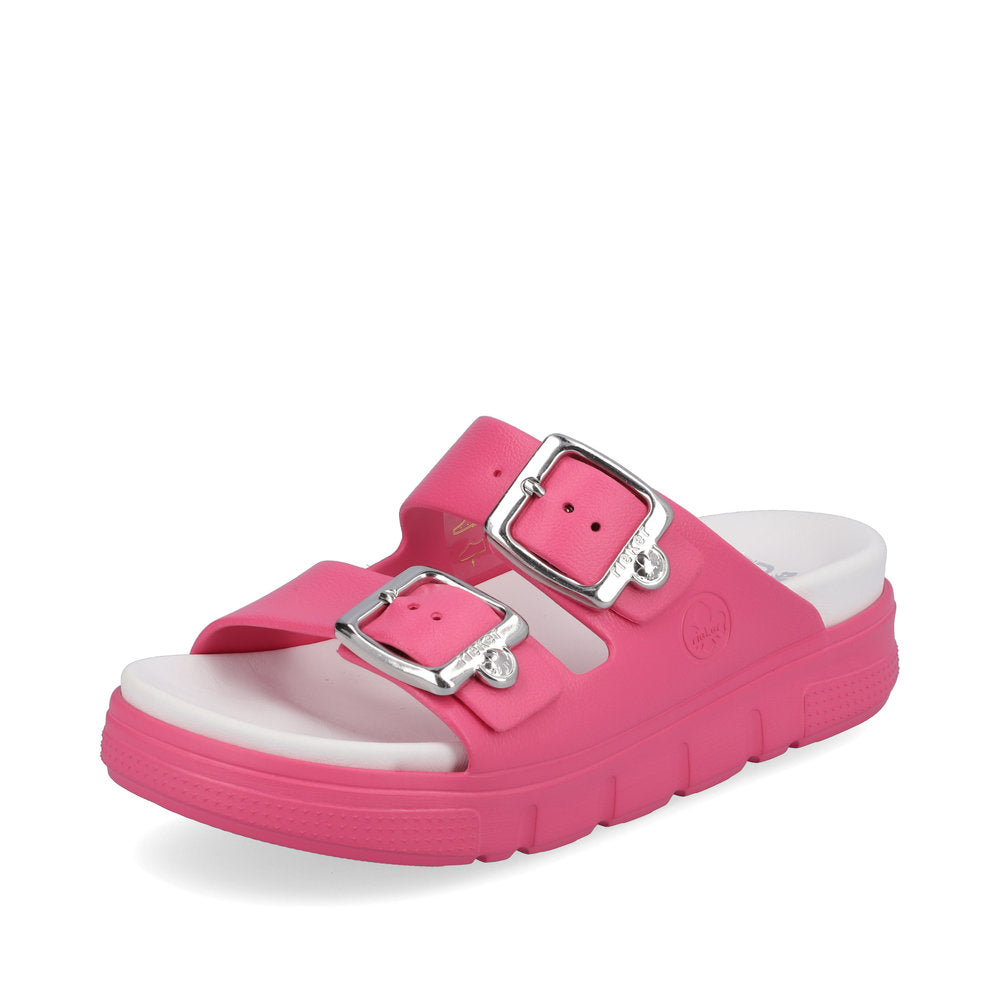 Rieker P2180 Ladies Slip-on Sandals Rieker Ladies Sandals - Buckle Upper Material: Synthetic Material Width: F Heel Height: 50mm Lining: Sole: Ethylen Vinyl Acete sole Removable Insole: No Colours Ltd, Colours, Colours Farnham Colours Shoes