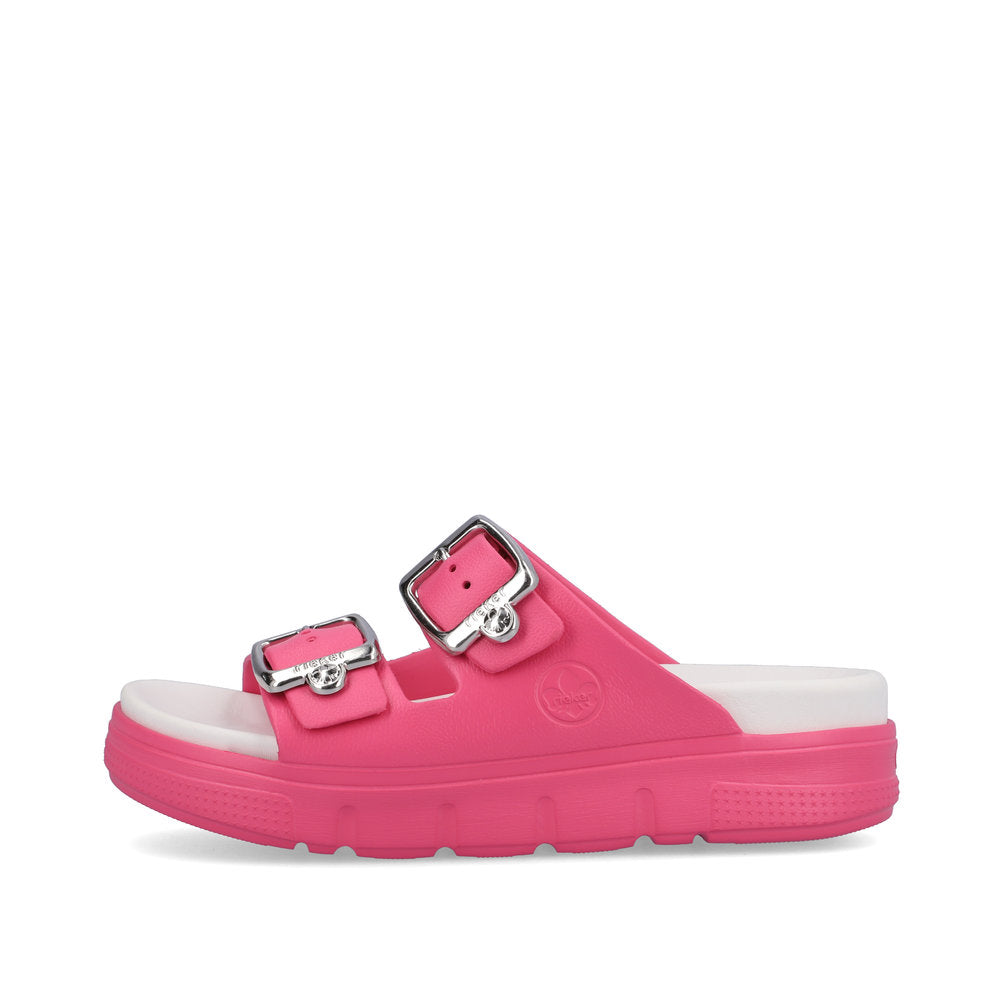 Rieker P2180 Ladies Slip-on Sandals Rieker Ladies Sandals - Buckle Upper Material: Synthetic Material Width: F Heel Height: 50mm Lining: Sole: Ethylen Vinyl Acete sole Removable Insole: No Colours Ltd, Colours, Colours Farnham Colours Shoes