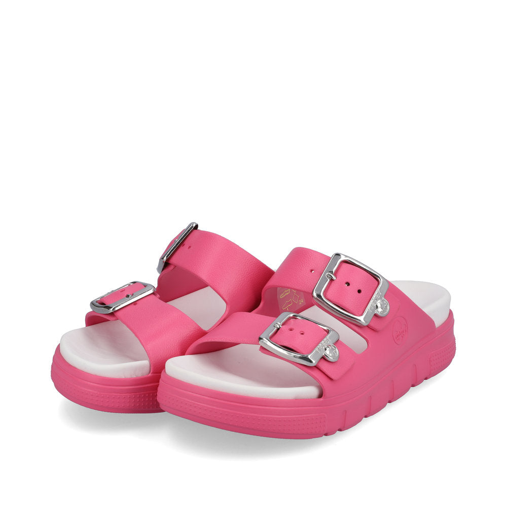 Rieker P2180 Ladies Slip-on Sandals Rieker Ladies Sandals - Buckle Upper Material: Synthetic Material Width: F Heel Height: 50mm Lining: Sole: Ethylen Vinyl Acete sole Removable Insole: No Colours Ltd, Colours, Colours Farnham Colours Shoes