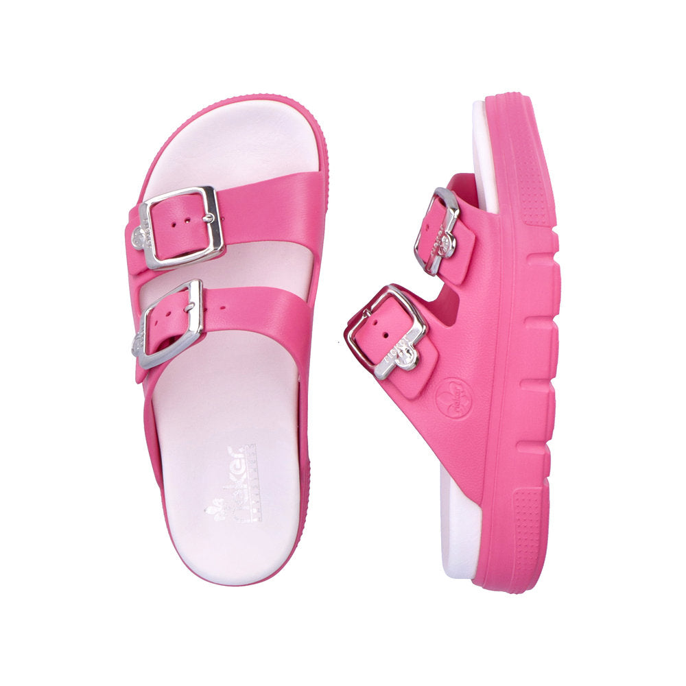 Rieker P2180 Ladies Slip-on Sandals Rieker Ladies Sandals - Buckle Upper Material: Synthetic Material Width: F Heel Height: 50mm Lining: Sole: Ethylen Vinyl Acete sole Removable Insole: No Colours Ltd, Colours, Colours Farnham Colours Shoes