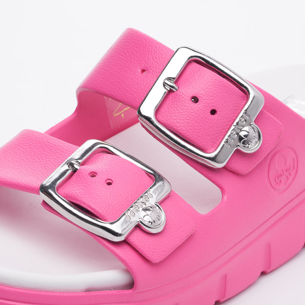 Rieker P2180 Ladies Slip-on Sandals Rieker Ladies Sandals - Buckle Upper Material: Synthetic Material Width: F Heel Height: 50mm Lining: Sole: Ethylen Vinyl Acete sole Removable Insole: No Colours Ltd, Colours, Colours Farnham Colours Shoes