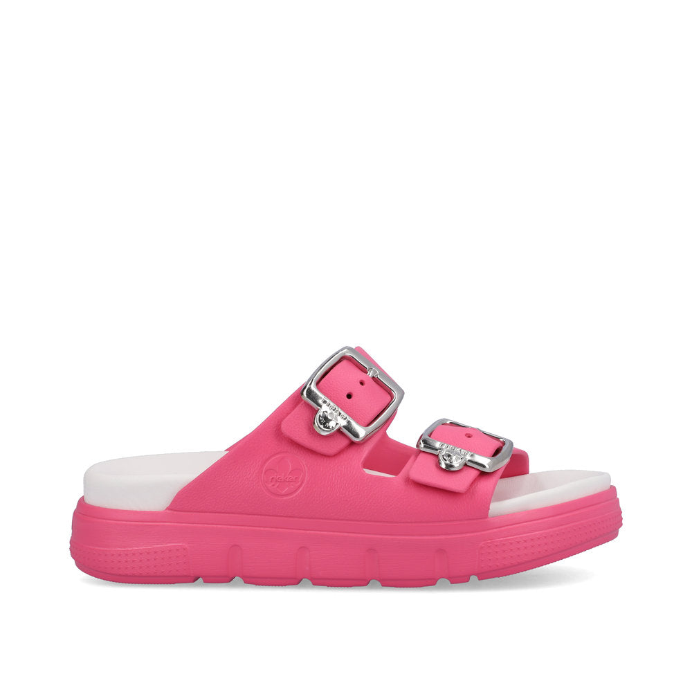 Rieker P2180 Ladies Slip-on Sandals Rieker Ladies Sandals - Buckle Upper Material: Synthetic Material Width: F Heel Height: 50mm Lining: Sole: Ethylen Vinyl Acete sole Removable Insole: No Colours Ltd, Colours, Colours Farnham Colours Shoes