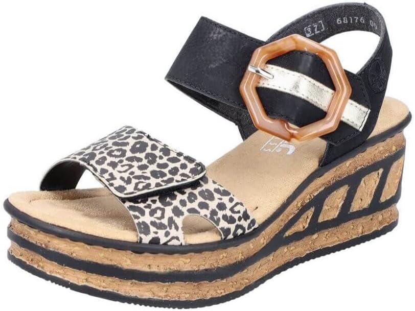 Rieker Womens Black Leopard Print Wedge Sandal