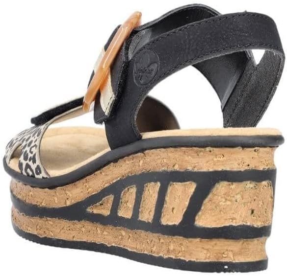 Rieker Womens Black Leopard Print Wedge Sandal