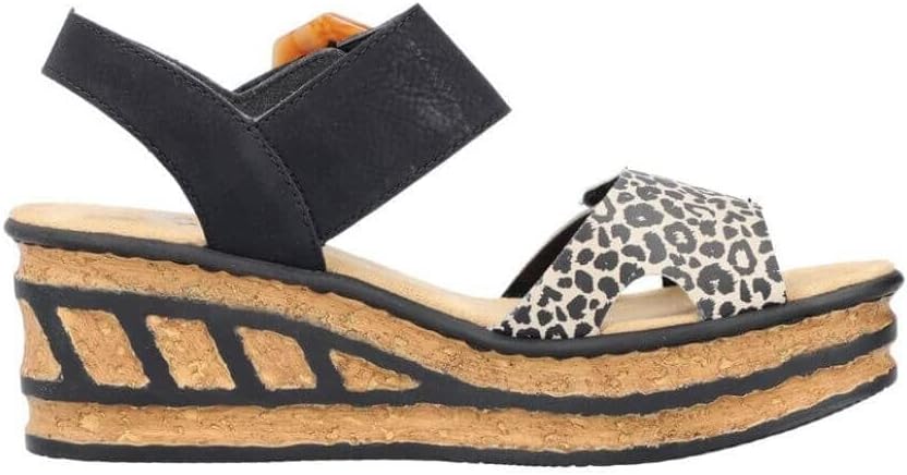 Rieker Womens Black Leopard Print Wedge Sandal