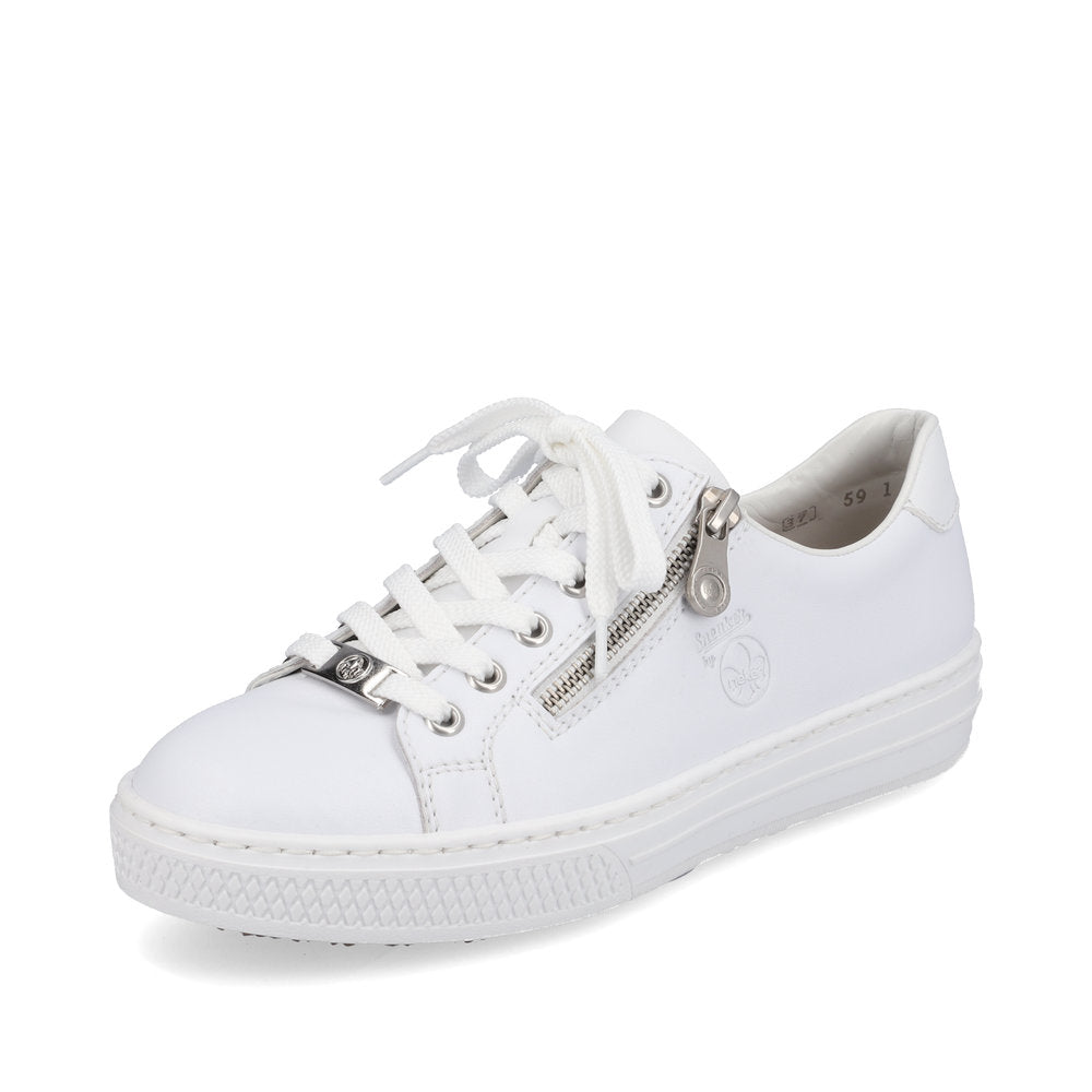 Rieker L59L1-83 Ladies Trainers      Upper: Leather     Lining: Synthetic     Insole: Textile     Sole: Thermoplastic elastomer     Fastening: Lace & Zip     Fit: Standard             Colours Ltd, Colours, Colours Farnham, Colours Shoes