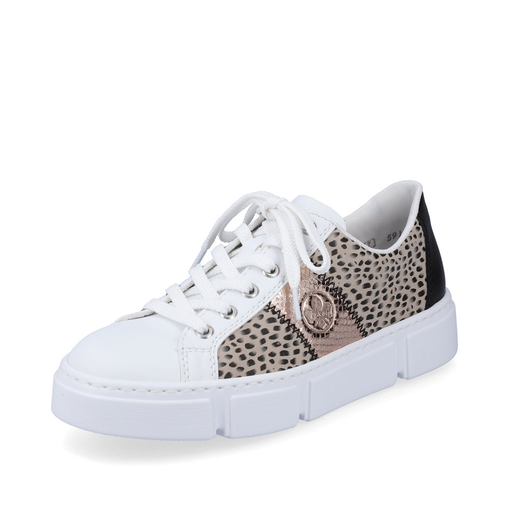 Rieker N5910-90 Ladies Trainers   Fabulous white, flat lace-up trainers with fashionable print and rose-gold side detail from Rieker.      Colour: White / Multi      Round toe shape      Lace-up closure      Soft textile lining      Comfortable leather footbed      Upper: Synthetic     Lining & Sock: Leather/Textile     Outer Sole: Other Material                  Colours Ltd, Colours, Colours Farnham, Colours Shoes
