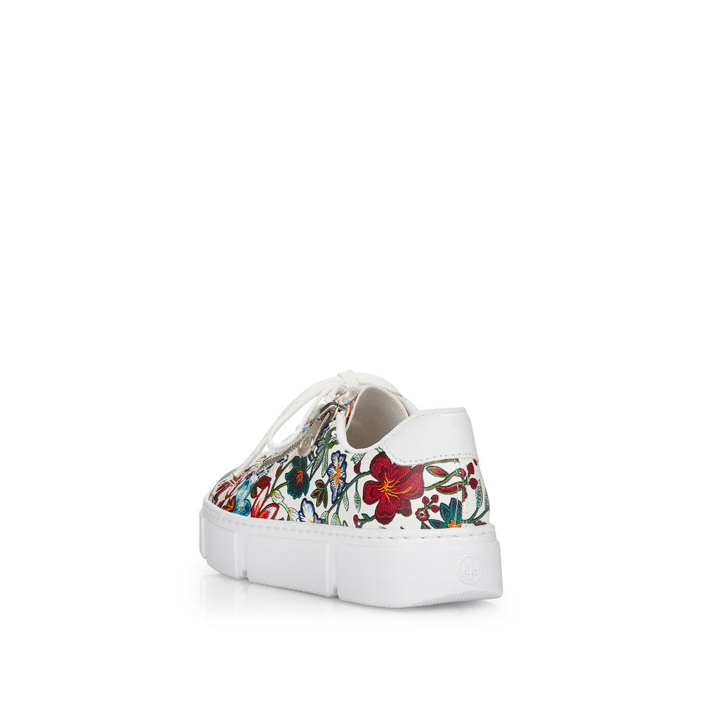 Rieker N59L1-90 Ladies Trainers Beautiful flower patterned sneakers made of synthetic material.      Synthetic material upper     Laces and a zipper on the top     Textile lining     Removable leather insole     Antistress -sole is flexible and cushions the step     Thick sole Colours Ltd, Colours, Colours Farnham Colours Shoes