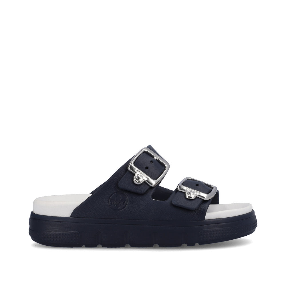 Rieker P2180 Ladies Slip-on Sandals Rieker Ladies Sandals - Buckle      Upper Material: Synthetic Material     Width: F     Heel Height: 50mm     Lining:     Sole: Ethylen Vinyl Acete sole     Removable Insole: No Colours Ltd, Colours, Colours Farnham Colours Shoes